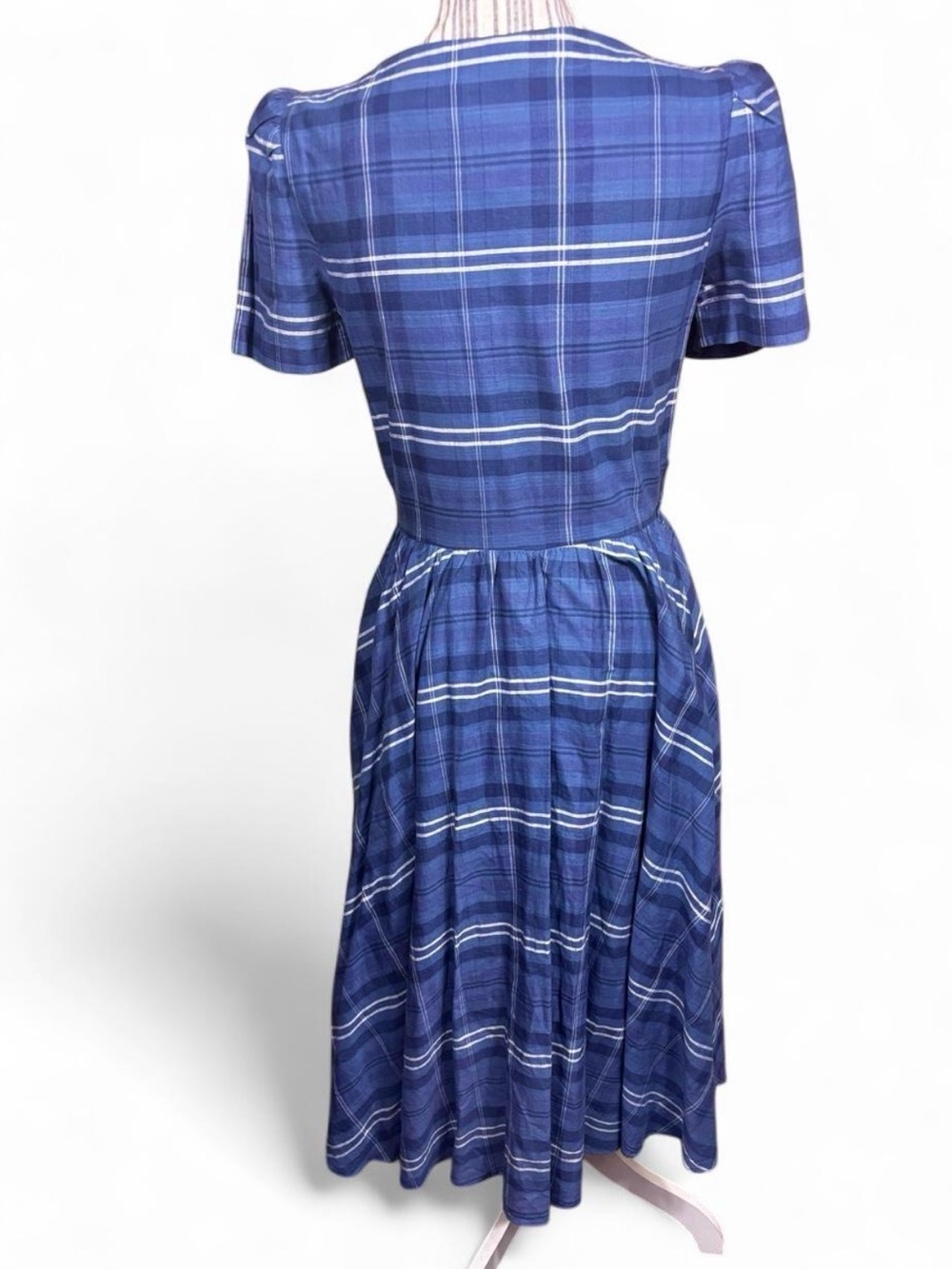 Diane Von Furstenburg 1970s vintage 100% multi tone blue cotton plaid midi dres - Picture 3 of 8